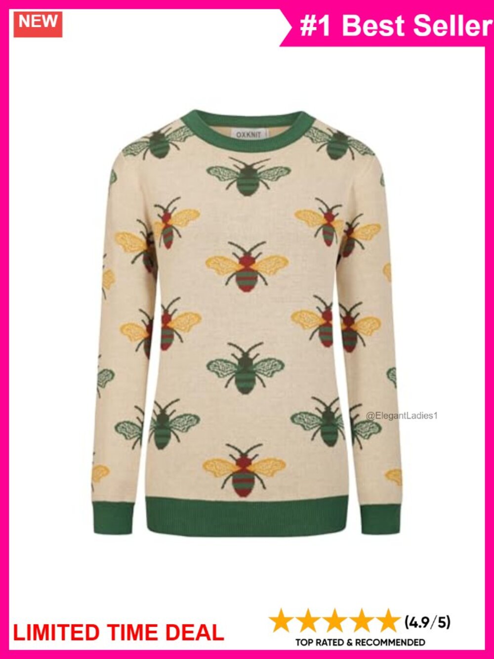 OXKNIT Women's Retro Knit Sweater Crewneck Bee Pattern Pullover